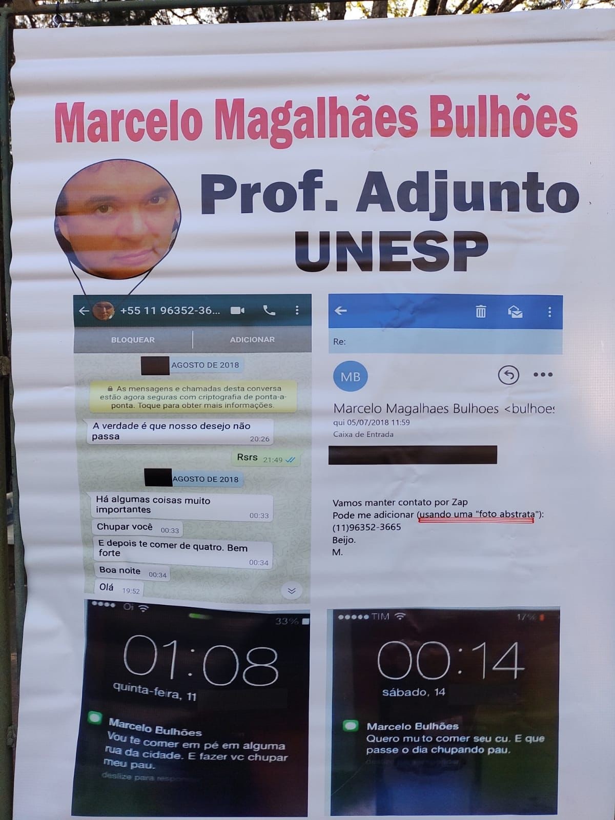 Supostas mensagens de teor sexual que Marcelo Bulhões teria enviado para alunas foram expostas em banners do campus de Bauru da Unesp (Foto: Arquivo Pessoal)