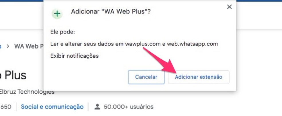 Ação para baixar e instalar a extensão WA Web Plus no Chrome — Foto: Reprodução/Marvin Costa