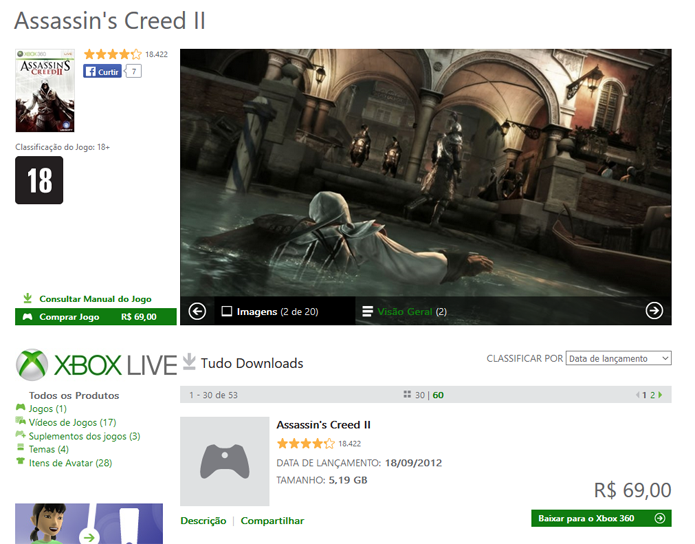 Página de Assassins Creed 2 na Xbox Marketplace (Foto: Reprodução/André Mello)