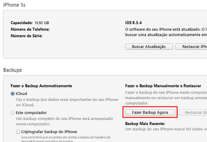 Fazendo um backup do iPhone no iTunes (Foto: Reprodução/Edivaldo Brito)