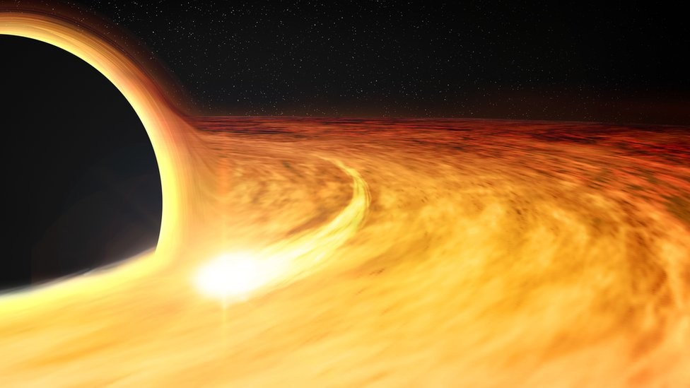 Ilustração artística de um buraco negro com um raio-x ao redor, que permite que sua taxa de rotação seja estimada (Foto: NASA/CXC/M. WEISS)
