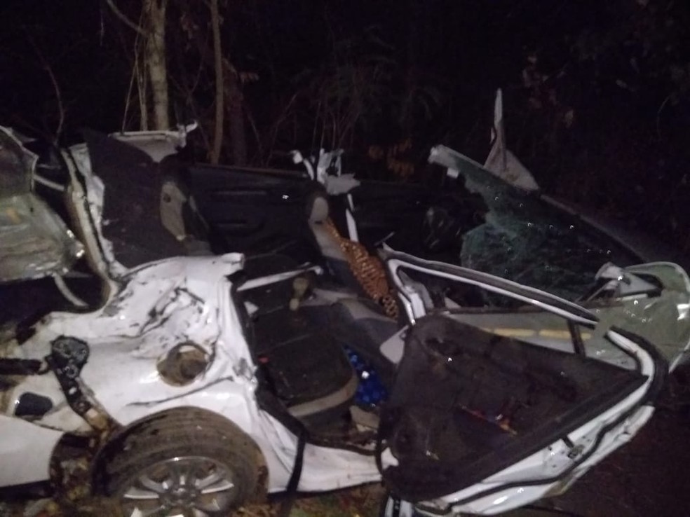 Carro ficou destruído após acidente perto de Novo Jardim (Foto: Divulgação/Bombeiros)