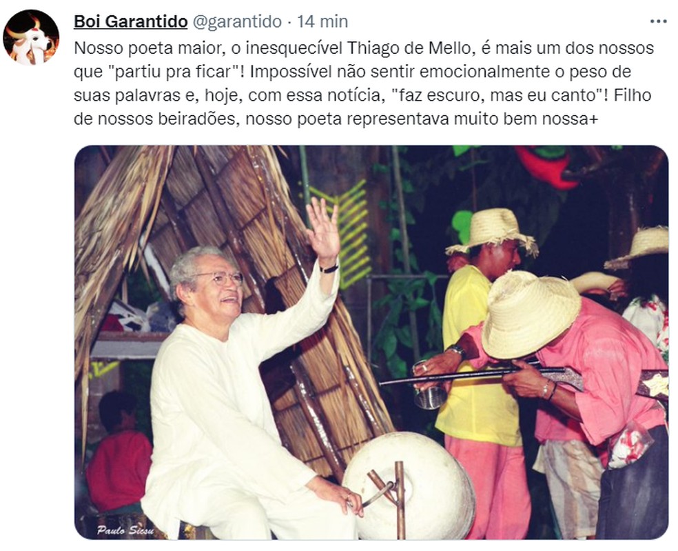 Boi Garantido homenageou o poeta.  — Foto: Reprodução/Twitter