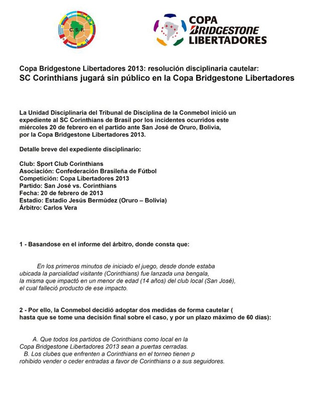 Documento Conmebol Corinthians Libertadores (Foto: Reprodução)