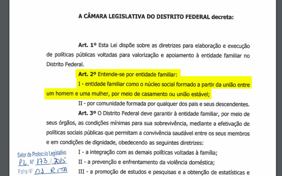 Projeto aprovado pela Câmara do DF define 'entidade familiar' como união entre homem e mulher (Foto: CLDF/Reprodução)