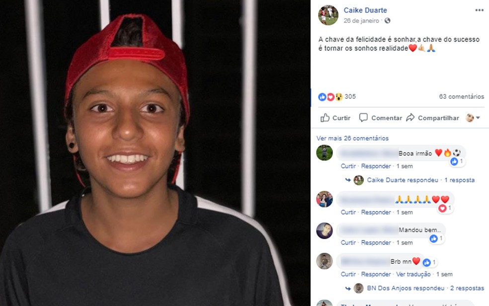 CaiKe Duarte, de 14 anos, passou na peneira do Flamengo e estava no alojamento do CT que pegou fogo no Rio; ele sobreviveu. — Foto: Reprodução/Facebook