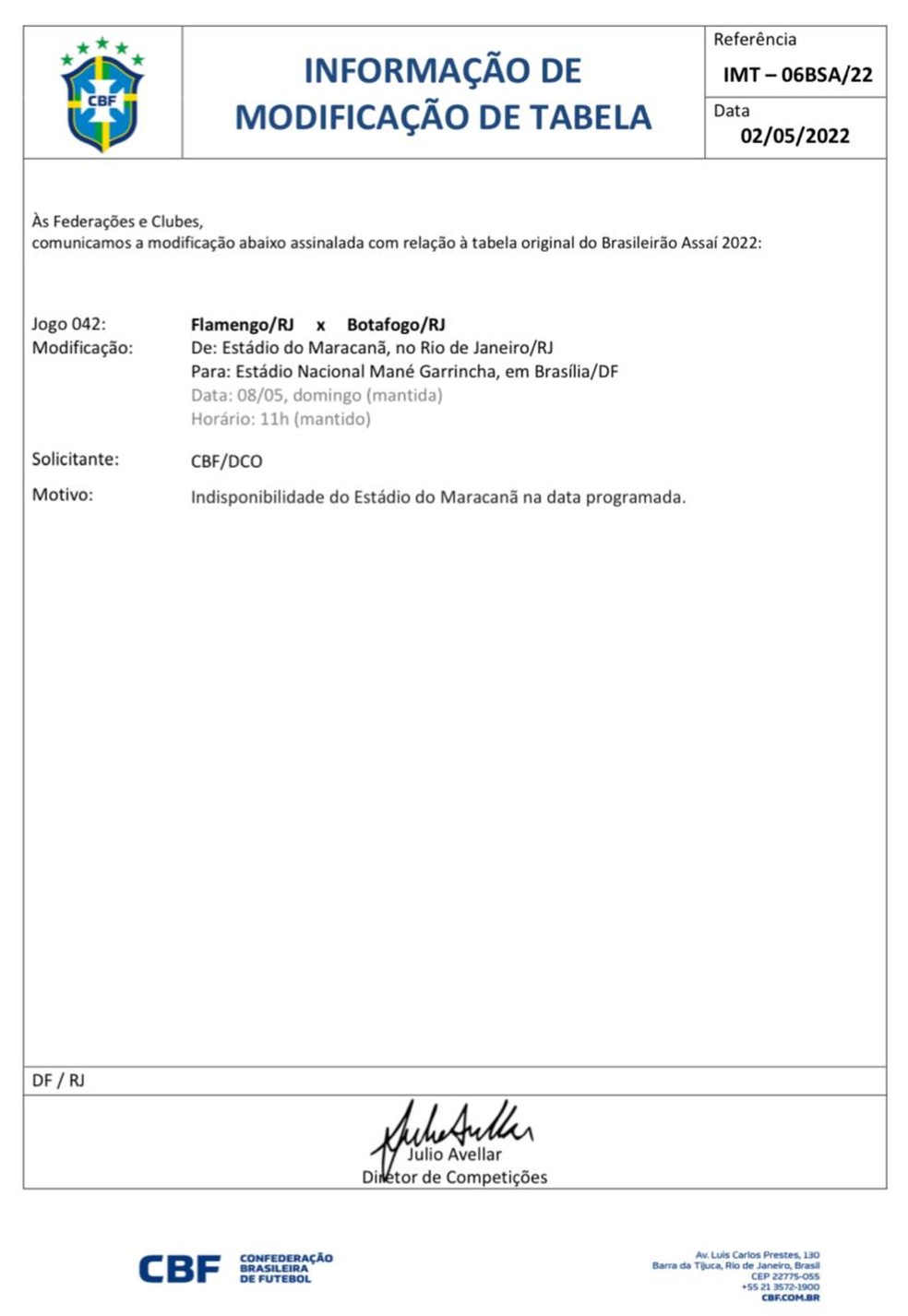 Documento CBF Flamengo x Botafogo — Foto: Reprodução