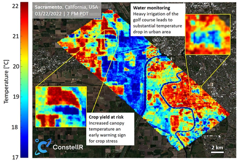 Na imagem, registro de monitoramento de água na Califórnia (EUA) feito pela Constellr evidencia potencial da tecnologia para agricultura