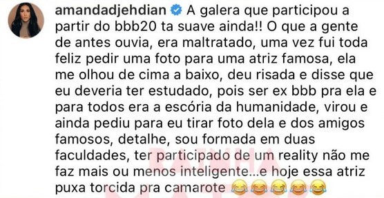 Amanda Djehdian lembra como foi tratada por atriz famosa (Foto: Reprodução/Instagram/Equipe Rainha Matos)