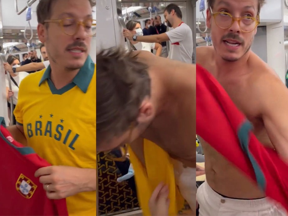 Fábio Porchat troca de camisa dentro do metrô no Catar