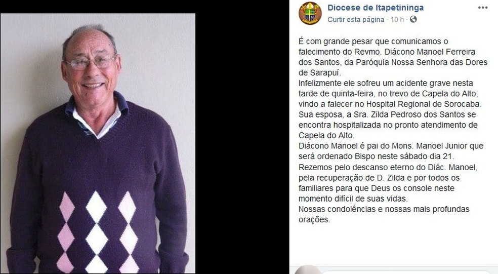 Manuel Ferreira dos Santos morreu no acidente entre carro e caminhÃ£o em Capela do Alto (Foto: ReproduÃ§Ã£o/Facebook)