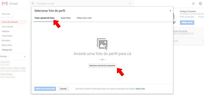 Você pode fazer upload de uma nova foto do perfil do Gmail (Foto: Reprodução/Rodrigo Fernandes) Você pode fazer upload de uma nova foto do perfil do Gmail (Foto: Reprodução/Rodrigo Fernandes)