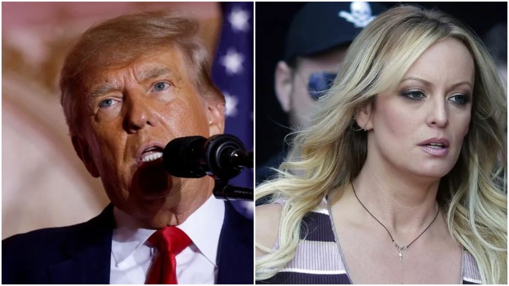 Ex-presidente dos EUA, Donald Trump, e a atriz pornô Stormy Daniels  — Foto: Reuters e AP Photo