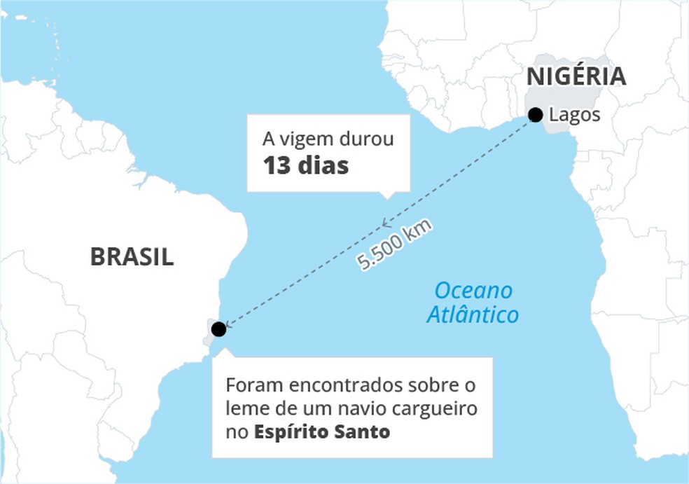 Mapa muestra la ruta de un carguero que transportaba a cuatro personas escondidas bajo el timón — Foto: Arte O Globo
