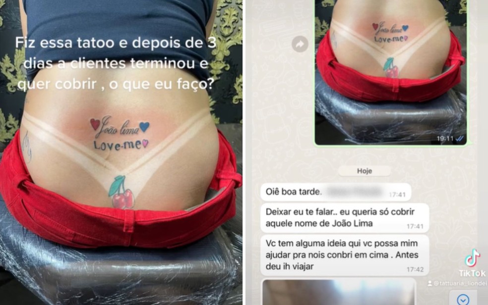 Mulher tatua nome do namorado, termina 3 dias depois e pede ajuda ao tatuador para remover em Goiânia  — Foto: Arquivo Pessoal/Tattuaria Lion
