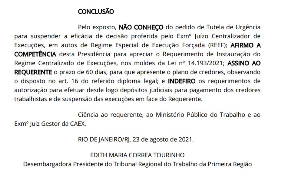 Trecho da decis�o da presidente do TRT-1 � Foto: Reprodu��o