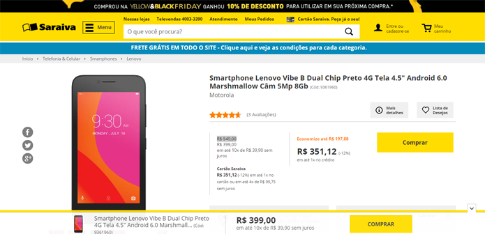 Preço do smartphone se manteve igual na Black Friday (Foto: Reprodução/Saraiva)