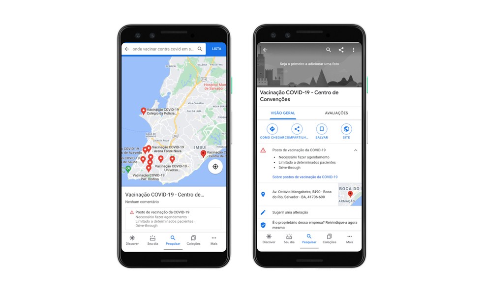 Informações sobre postos de vacinação no Brasil aparecem no Google Maps e nas buscas. — Foto: Divulgação/Google