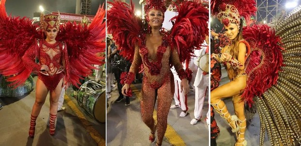 Coincidência do vermelho: Sophia Ferro, Camila Silva e Phoebe Vecchioni usaram fantasias vermelhar no Carnaval de São Paulo 2022 (Foto: Amauri Nehn/Brazil News)