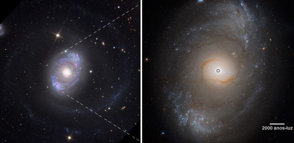 Galáxia NGC 4151 (à esquerda) com um zoom na região central (à direita). O círculo na imagem da direita delimita a região do outflow, de onde o gás ejetado se propaga com altas velocidades e atinge distâncias muito maiores (Foto: Adam Block/Universidade do Arizona (EUA) e Judy Schmidt)