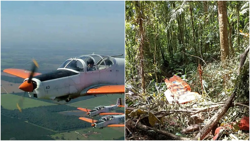 Avião da FAB foi encontrado destruído em uma área de mata na região de Canelinha, Grande Florianópolis — Foto: Montagem/g1