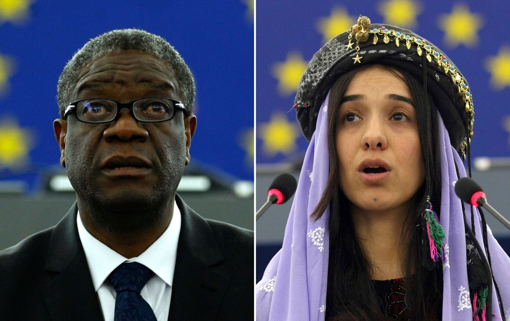 Médico Denis Mukwege, que atua na República Democrática do Congo, e a ativista Nadia Murad, ex-escrava sexual do Estado Islâmico no Iraque, ganharam o prêmio Nobel da Paz de 2018  — Foto: Christian Lutz/AP