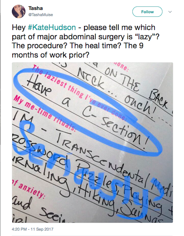 Um tuíte questionando a declaração feita por Kate Hudson sobre sua cesariana (Foto: Twitter)