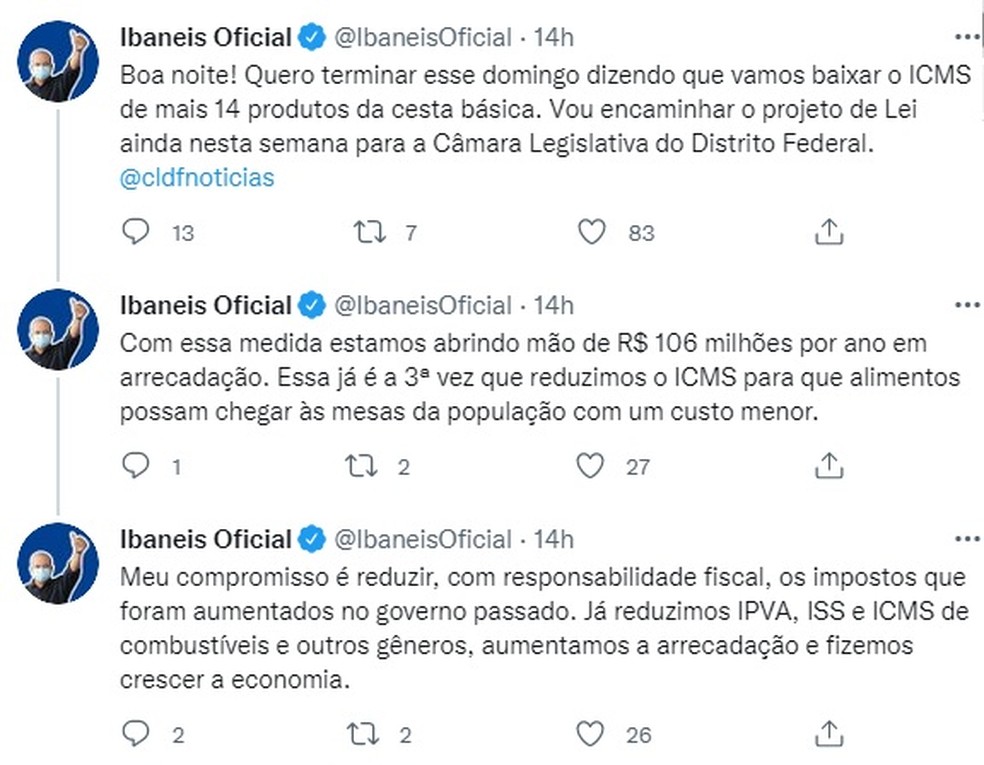 Governador Ibaneis Rocha (MDB) fala sobre projeto de redução do ICMS de produtos a serem incluídos na cesta básica do DF — Foto: Twitter/Reprodução