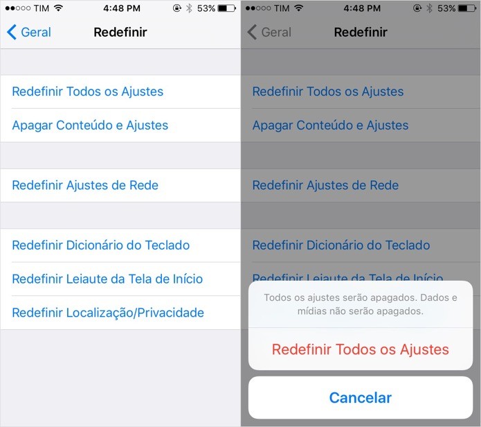Redefina as configurações do iOS (Foto: Foto: Reprodução/Helito Bijora)