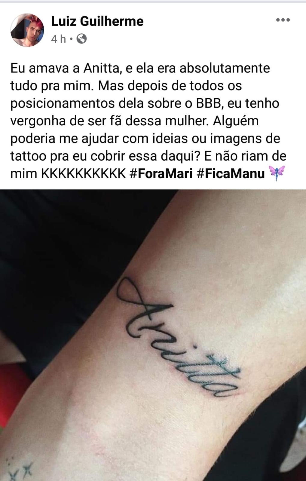 Fã pede ajuda para apagar tatuagem com o nome da cantora (Foto: Reprodução / Instagram)