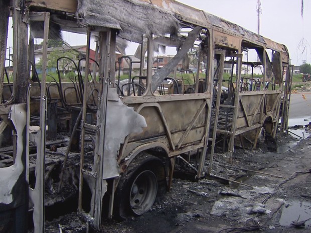 Ônibus ficou destruído após incêndio (Foto: Reprodução/TV Tribuna)