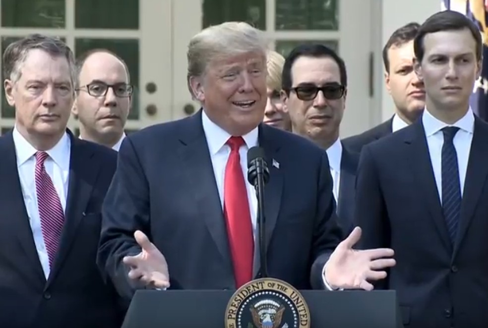 Presidente dos EUA, Donald Trump fala sobre o acordo chamado por ele de USMCA — Foto: Reprodução/Casa Branca