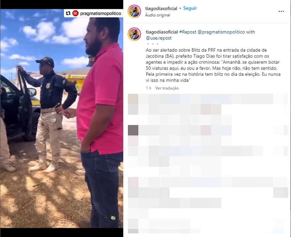 Prefeito de Jacobina, cidade do norte da Bahia, denunciou ação da PRF nas redes sociais — Foto: Redes Sociais