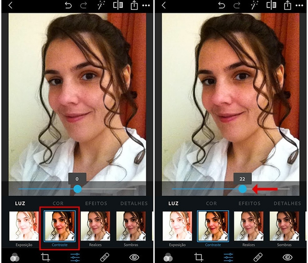 Ajuste o contraste para destacar as áreas mais claras ou mais escuras da imagem com o app Photoshop Express — Foto: Reprodução/Amanda de Almeida