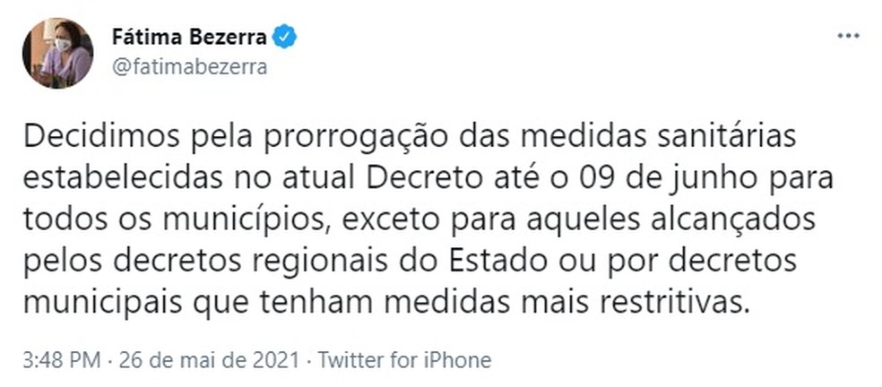 F&aacute;tima Bezerra (PT) anunciou que vai manter o atual decreto em vigor &mdash; Foto: Divulga&ccedil;&atilde;o