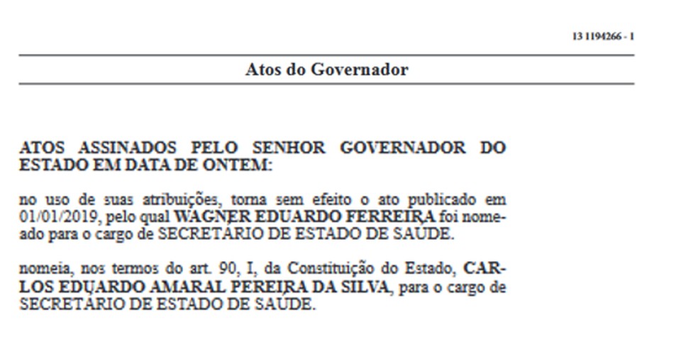 Nomeação foi publicada no diário oficial do estado. — Foto: Imprensa Oficial MG