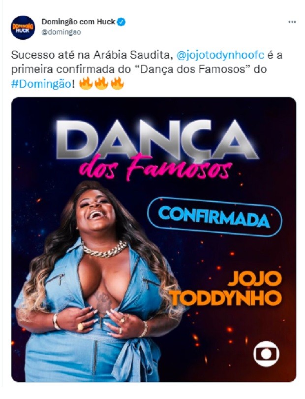 Em rede social, Domingão com Huck confirma Jojo Todynho na Dança dos Famosos (Foto: Reprodução/Twitter)