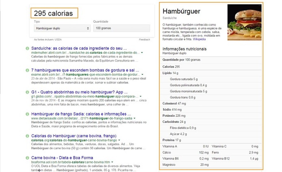 Cards com informações nutricionais buscadas no Google (Foto: Reprodução/Barbara Mannara) — Foto: TechTudo