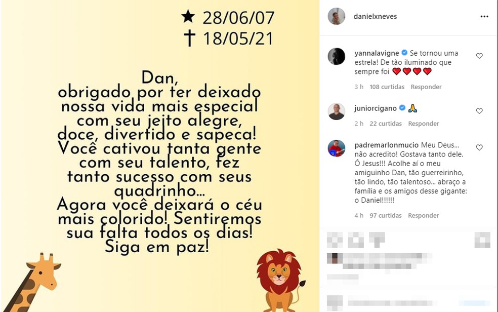 Família de Daniel Neves fez postagem sobre morte do garoto e famosos como Yanna Lavigne e Junior Cigano lamentaram  — Foto: Reprodução/Redes Sociais