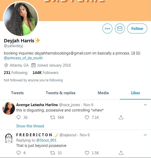 Os tuítes curtidos por Deyjah Harris com críticas ao pai dela, o rapper T.I. (Foto: Twitter)