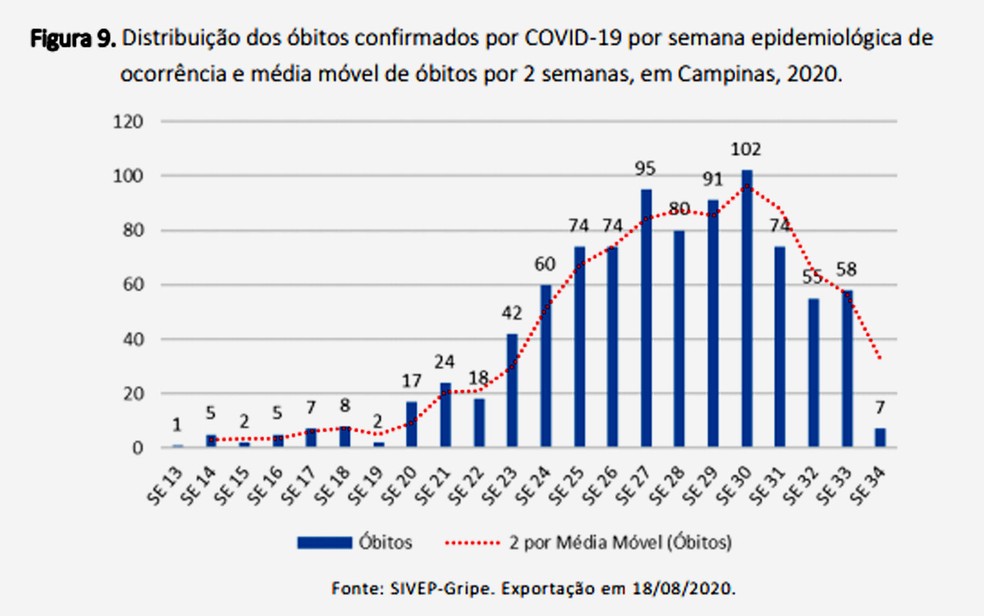 Evolução dos registros de mortes por Covid-19 em Campinas apontam pico no fim de julho — Foto: Reprodução/Prefeitura de Campinas
