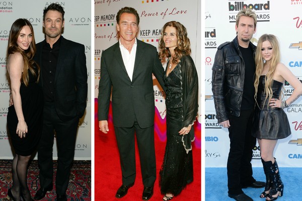Megan Fox e seu ex, Brian Austin Green; Arnold Schwarzenegger e sua ex, Maria Shriver; e Avril Lavigne e seu ex, Chad Kroeger (Foto: Getty Images)