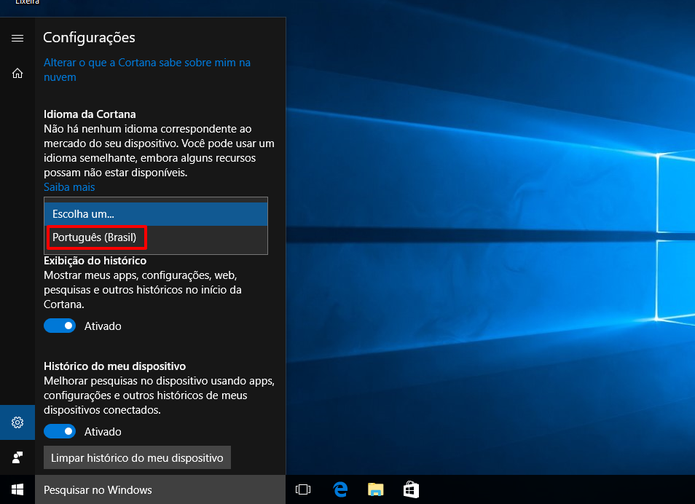 Selecione Português para reativar a Cortana no Windows 10 (Foto: Reprodução/Elson de Souza)