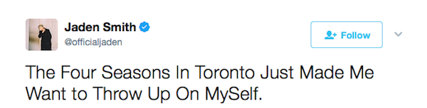 O relato de Jaden Smith anunciando sua expulsão de um hotel em Toronto (Foto: Twitter)