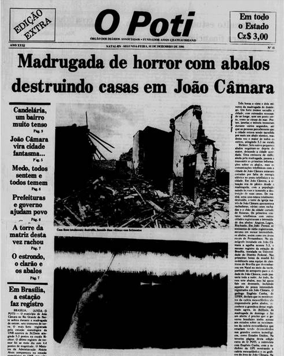 Capa do Jornal O Poti, no Rio Grande do Norte, no dia após o tremor registrado em João Câmara — Foto: Biblioteca Nacional