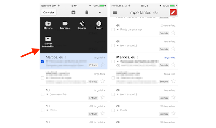 Marcando um e-mail como não lido no Gmail para iPhone (Foto: Reprodução/Marvin Costa)