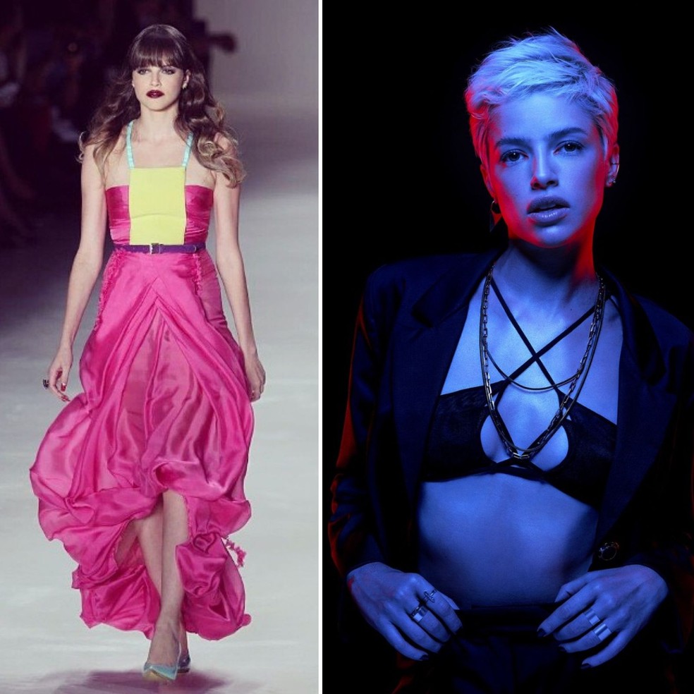 Agatha Moreira modelo em 2015, e na pele de Giovanna de 'Verdades' em 2021 — Foto: Reprodução Instagram/Pedro Pinho