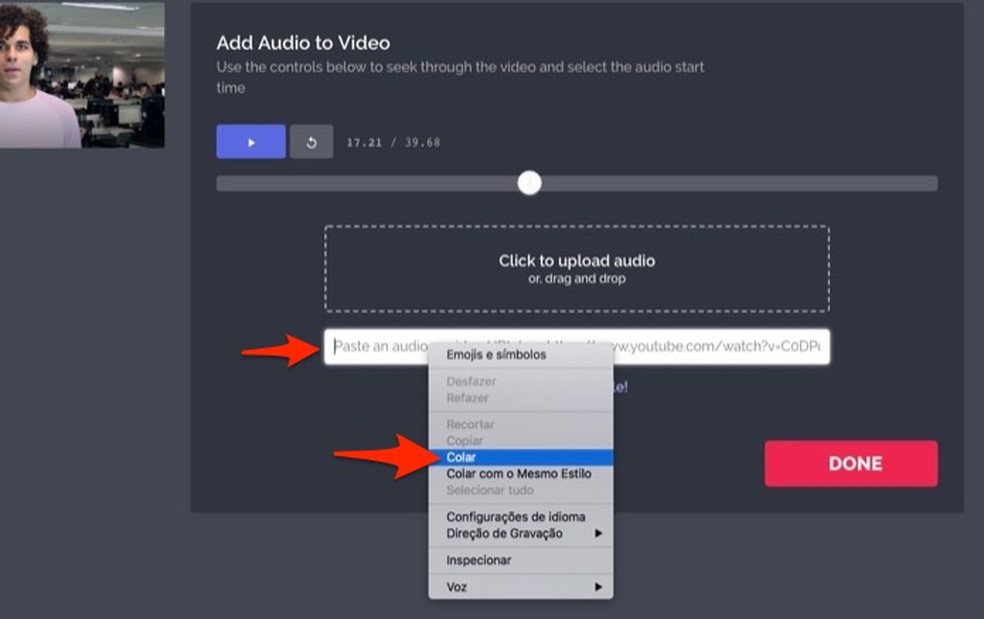 Ação para inserir a URL de um vídeo do YouTube como trilha sonora no serviço online Kapwing — Foto: Reprodução/Marvin Costa