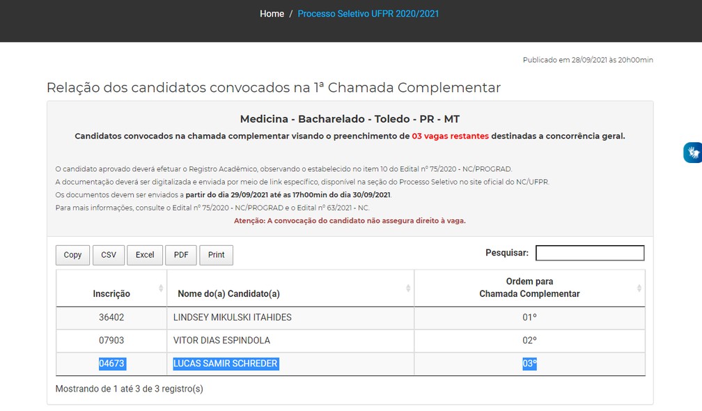 Primeira chamada complementar do vestibular saiu na terça (28) — Foto: Reprodução/UFPR 