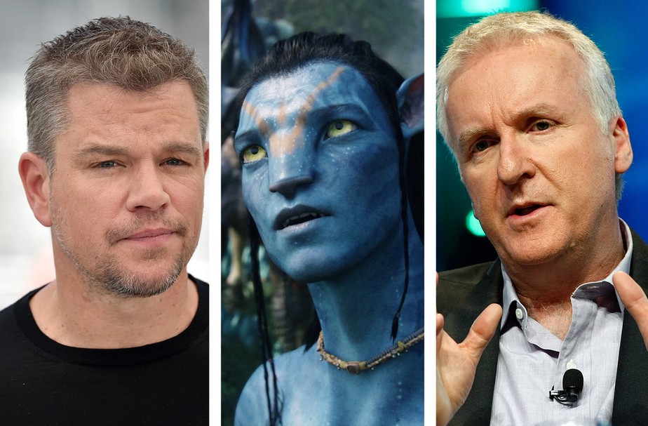 O ator Matt Damon; o ator Sam Worthington em 'Avatar'; e o diretor James Cameron